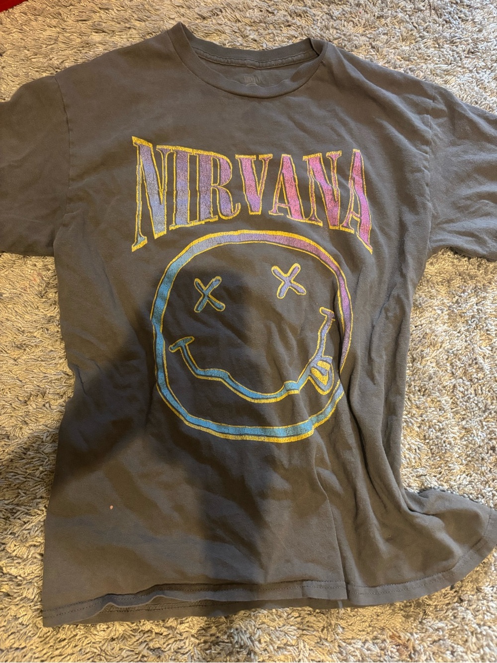 NIRVANA Black Tee with Neon Pink & Blue Smiley